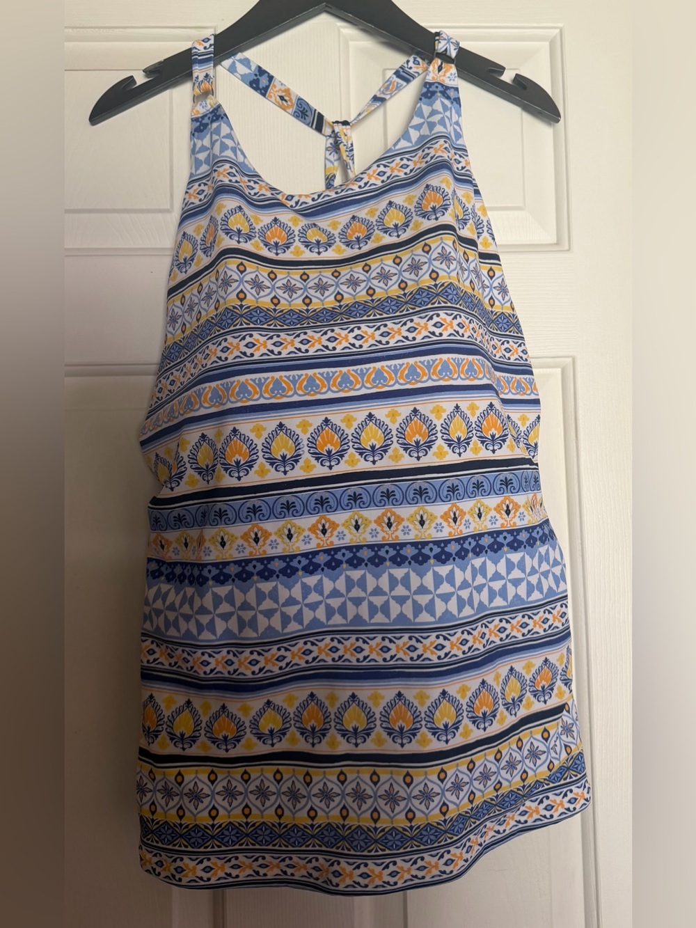 Lands End Strappy Back Tankini Top White Mosaic Multi Strip Size 26W